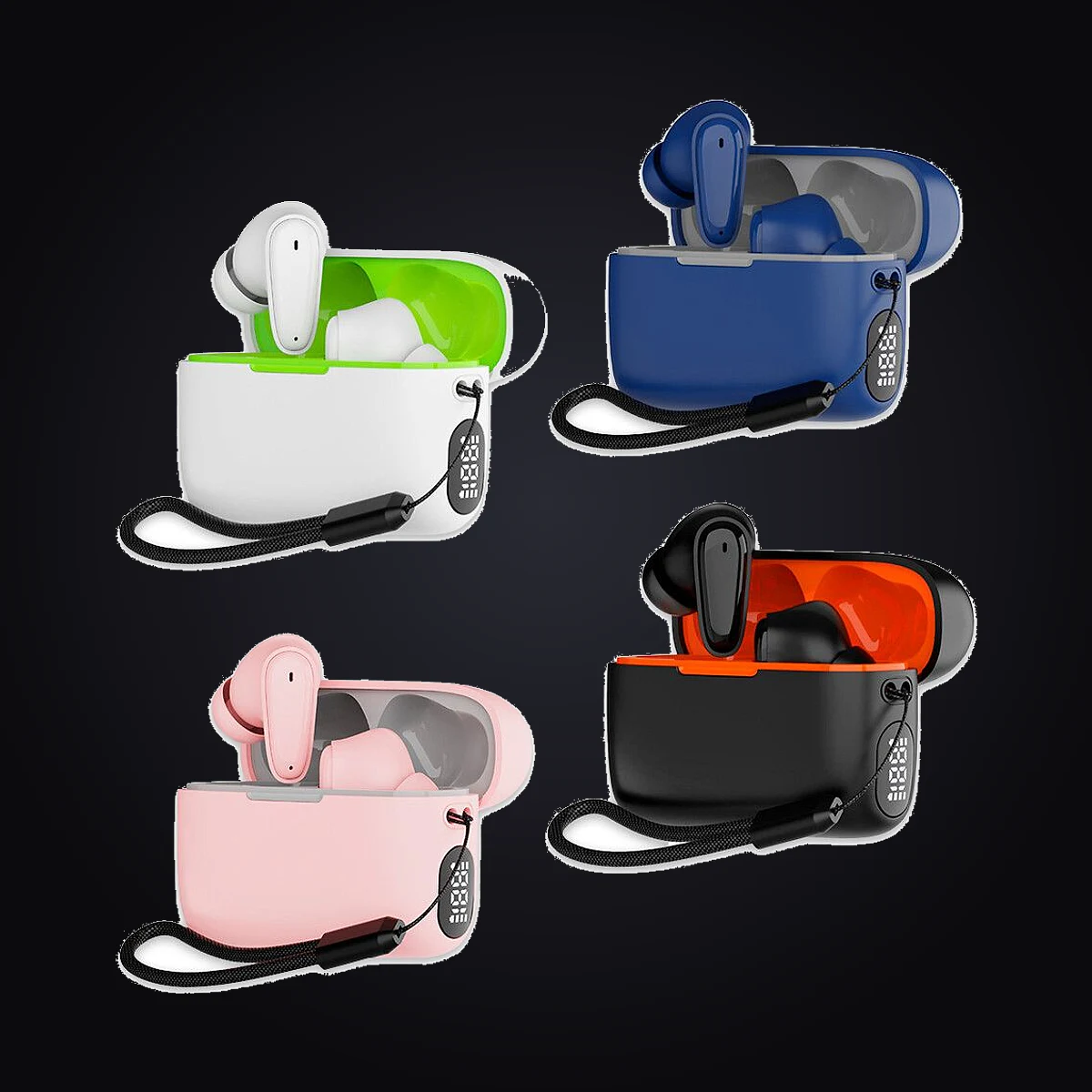 Auriculares Gemtek Domo en rosa, azul, blanco y negro con sus estuches